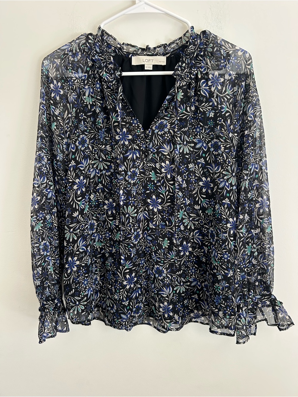 LOFT Black Floral Ruffle-Neck Long-Sleeve Blouse
